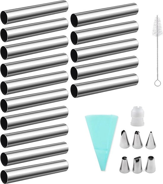 Set di 22 forme per cannoli, 15 forme per croissant con spazzola di pulizia, 1 set di lamineuse per crema di burro per torte, forme iridescenti per rotoli di schiuma e croissant