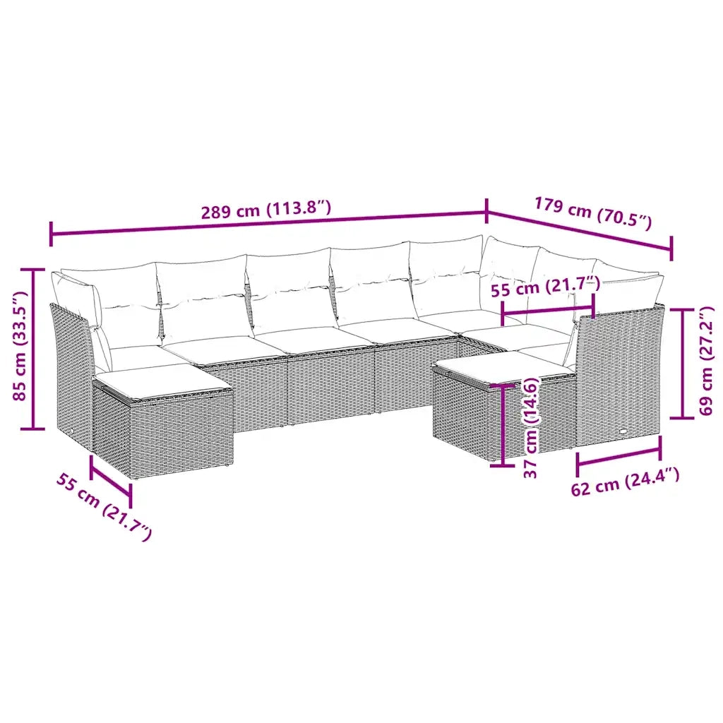Set Divani da Giardino 9pz con Cuscini Marrone in Polyrattan 3218573