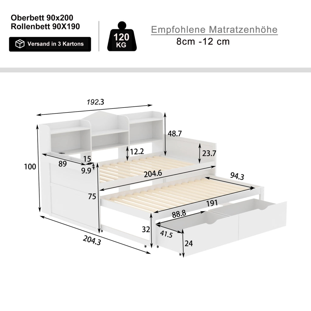 Letto singolo 90x200 cm estraibile con 2 cassetti e USB bianco