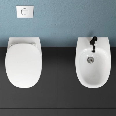 Sanitari filomuro Rimless Morning scarico universale e sedile soft-close