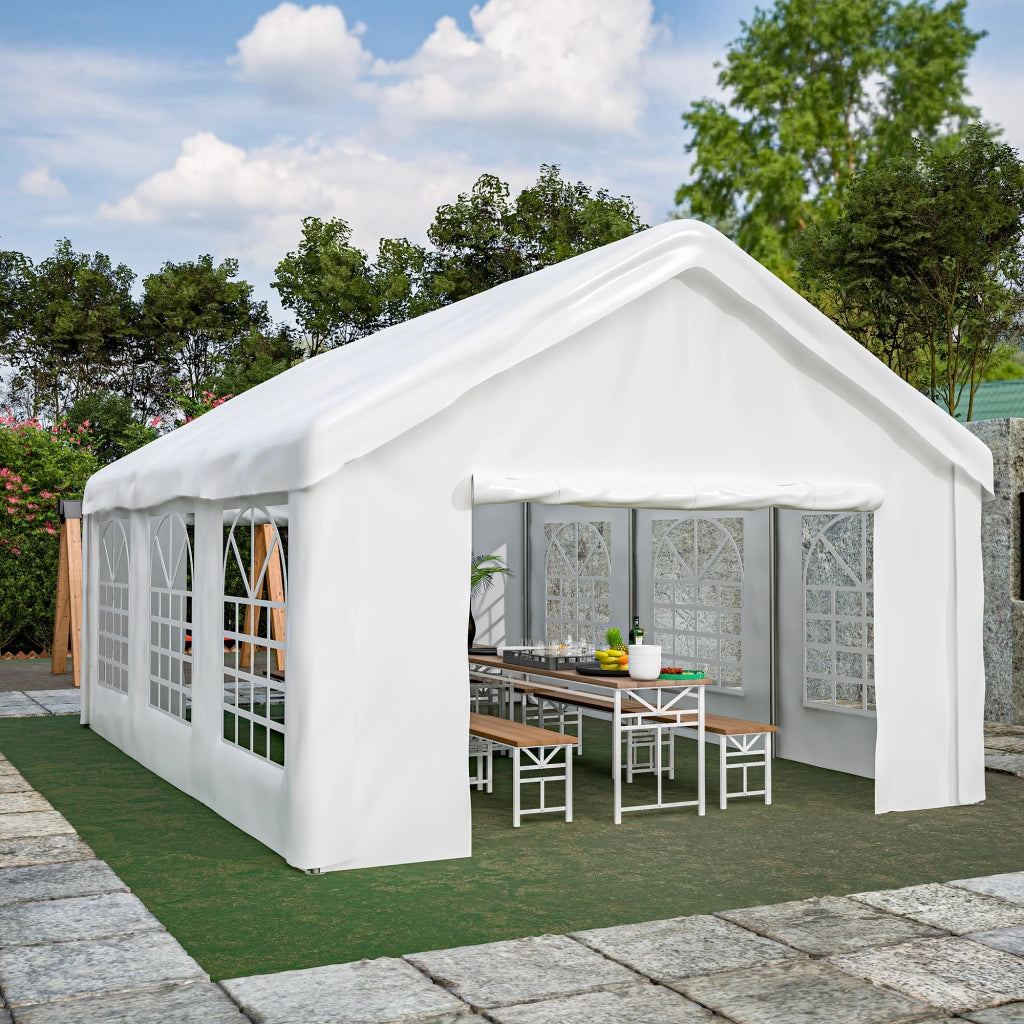 Tenda garage in PE bianco con doppio accesso, struttura in ferro, finestre di ventilazione e 601 × 400 × 281 cm
