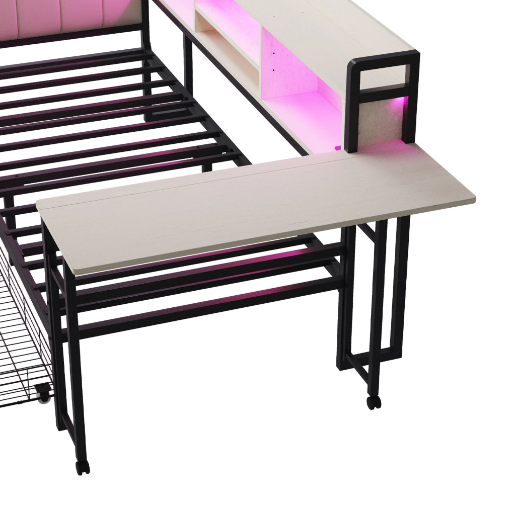 Letto 90x200 cm con scrivania estraibile; LED e cassetti