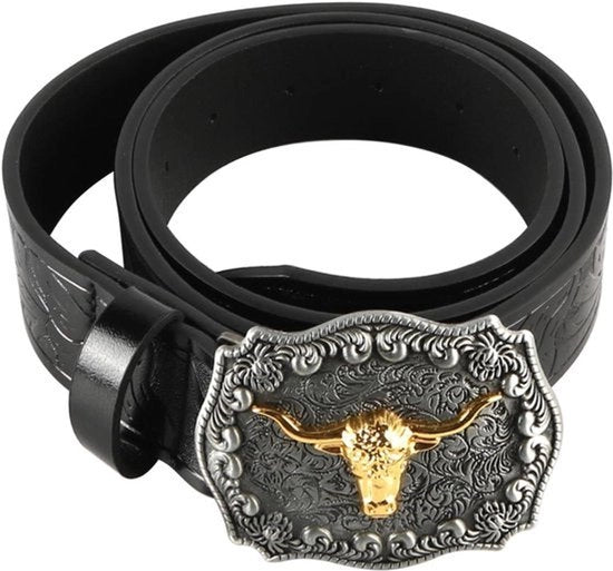 Cinturone da cowboy occidentale - Cinturone retro - Testa di toro argento antico - Uomo - Stampa personalizzata - Adatto a - 47,3 pollici di lunghezza - Cinturone