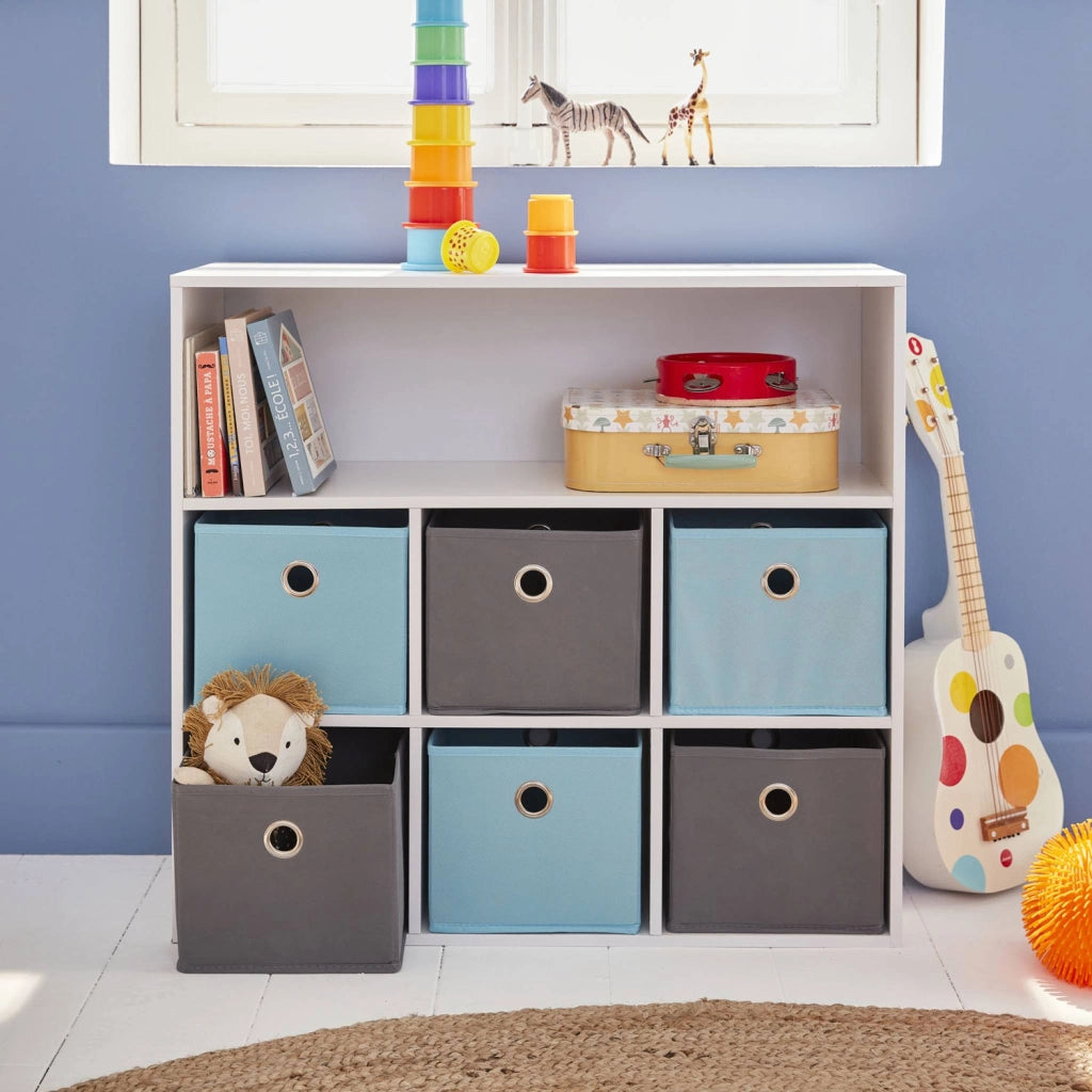 Armadio contenitore per cameretta dei bambini con 6 cestini, blu