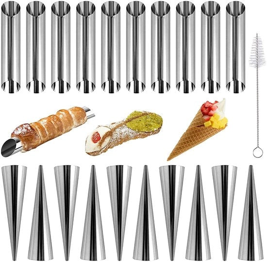 Cannoli in Stagno di Rame - 21 Unità - Forma per Frittelle - Con Cremiera - Con Forma a Cono - Incluso Spazzolino per Pulizia - Forma per Frittelle