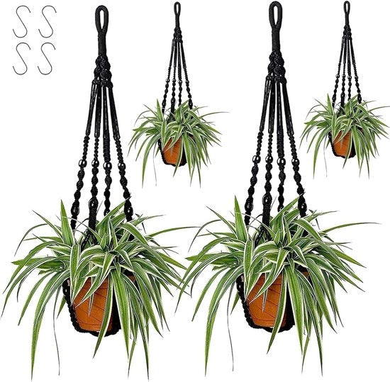 Set di 4 fioriere a macramé - sospensioni per piante - 84 cm di altezza aggiuntiva - decorazione boho - corda di cotone - vaso per piante - lampada da soffitto - lampada da parete - piante per interni e esterni - plafond - balcone - decorazione - giardino