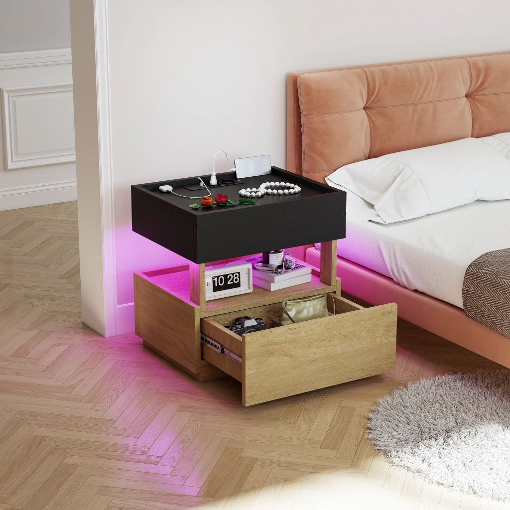Comodino con 2 cassetti; ricarica wireless; LED e USB - per camera da letto - nero e naturale