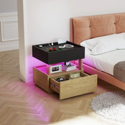 Comodino con 2 cassetti; ricarica wireless; LED e USB - per camera da letto - nero e naturale