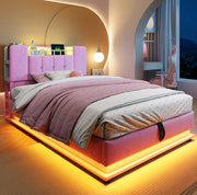 Letto imbottito 90x200 cm con LED; USB e contenitore in velluto rosa