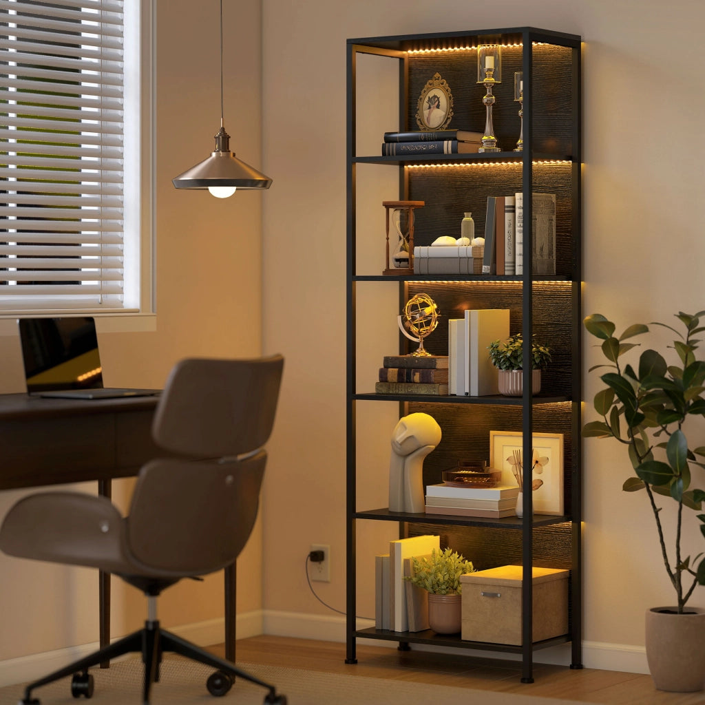 Libreria 5 Livelli con Luci LED ¨C Minimal ¨C Nero 60x30x179 cm