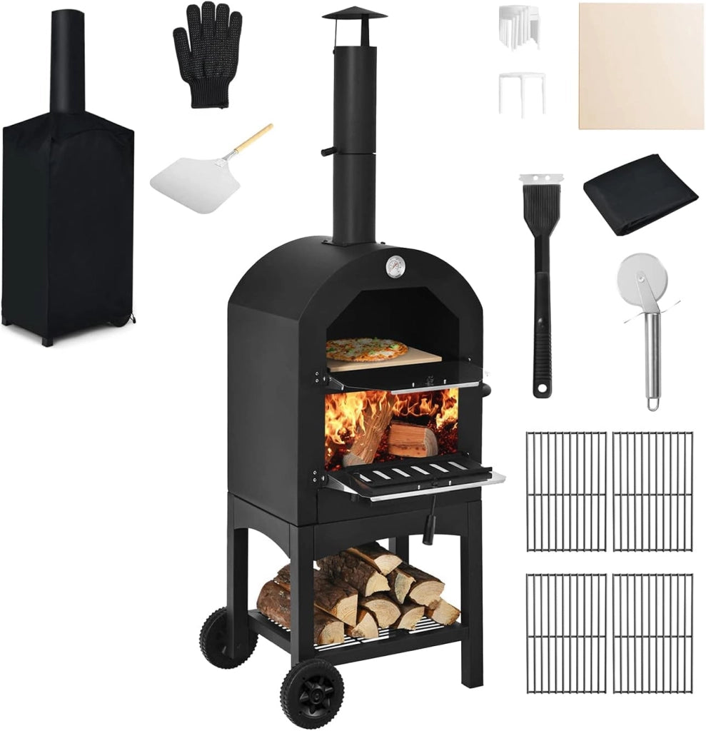 Forno per Pizza Portatile da Esterno, Rivestimento Impermeabile e Pala per Pizza, Forno Riscaldato a Legna con Piastra per Pizza, Fornello da Campeggio per Pizza, Nero