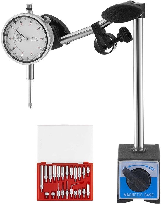 Oggetto di misura con doppia stanghetta e cassetta di stoccaggio, precisione 0,03 mm, portata di misura 0-25,4 mm, braccio estensibile, stanghetta non magnetica per allineamento di apparecchiature e misure in spazi ristretti.