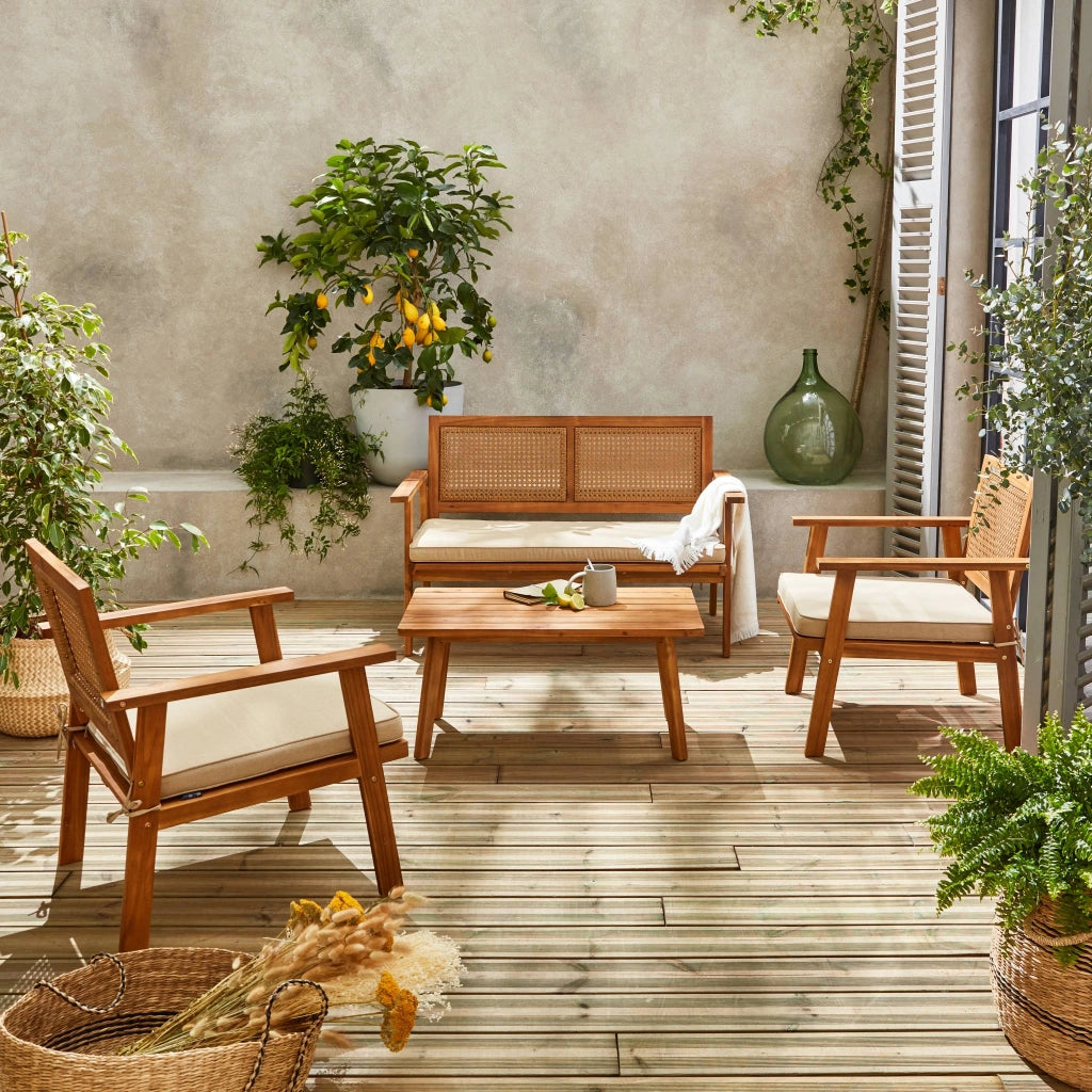 Salotto da giardino in legno e canna, 4 posti, marrone naturale