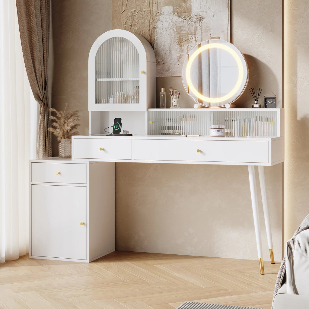 Tavolo da trucco moderno con specchio LED, 3 temperature di luce, prese USB e Type-C, 3 cassetti e ampio spazio contenitivo, bianco, 140 x 40 x 140 cm