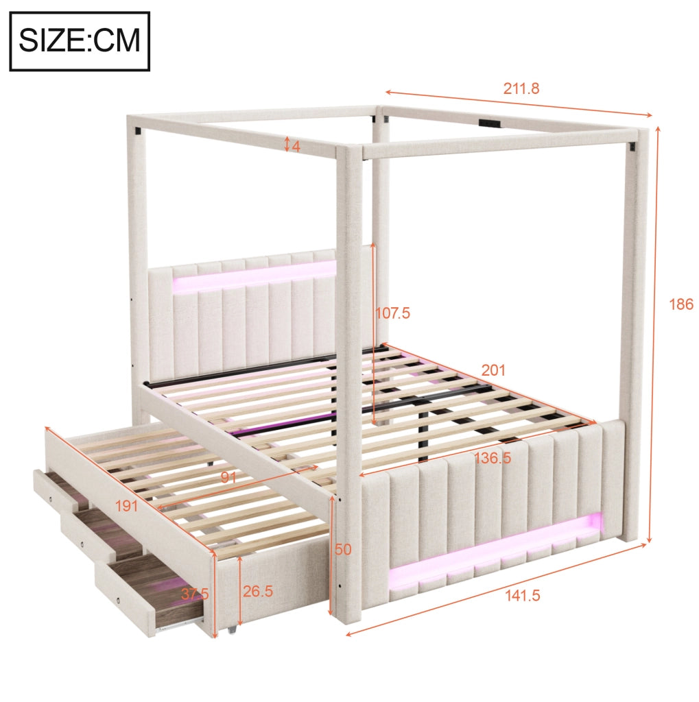 Letto a baldacchino imbottito 140x200 cm con letto estraibile; 3 cassetti; LED; beige