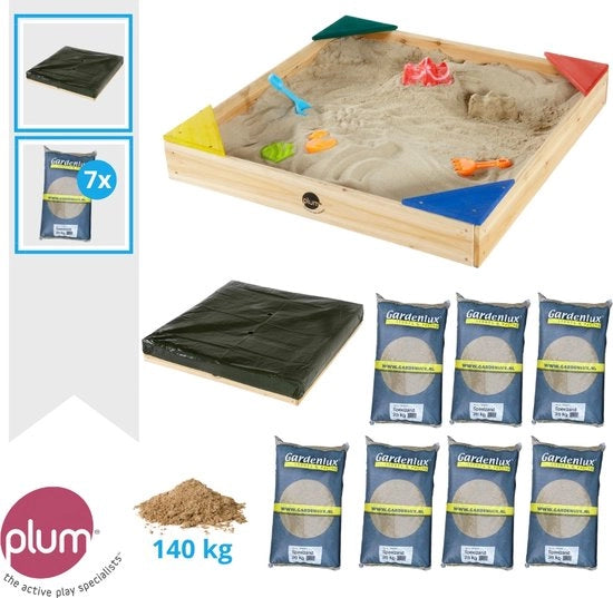 Plum Zandbak Hout Naturale Incluso Coperchio e Sabbia da Gioco 140kg