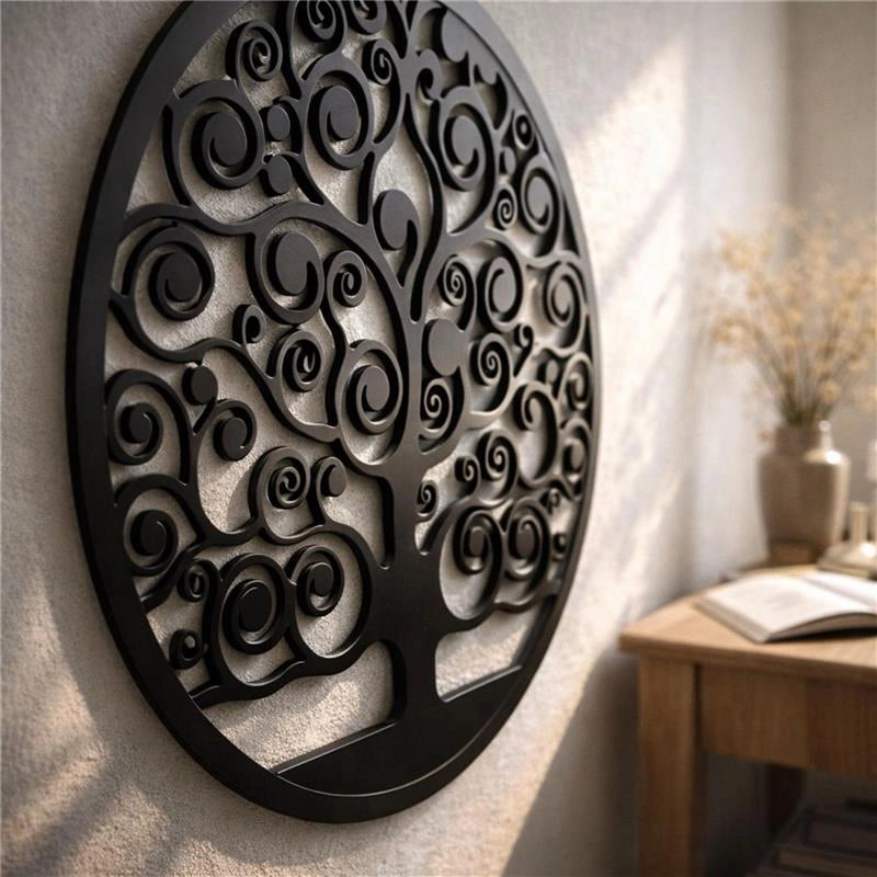 PANNELLO DEORATIVO TONDO IN METALLO 60 CM ALBERO DELLA VITA NERO