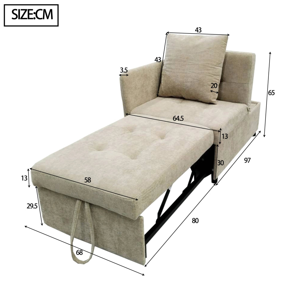 Divano Letto 3 In 1 con Schienale Regolabile 5 Posizioni e Cuscino Salvaspazio Imbottito Beige