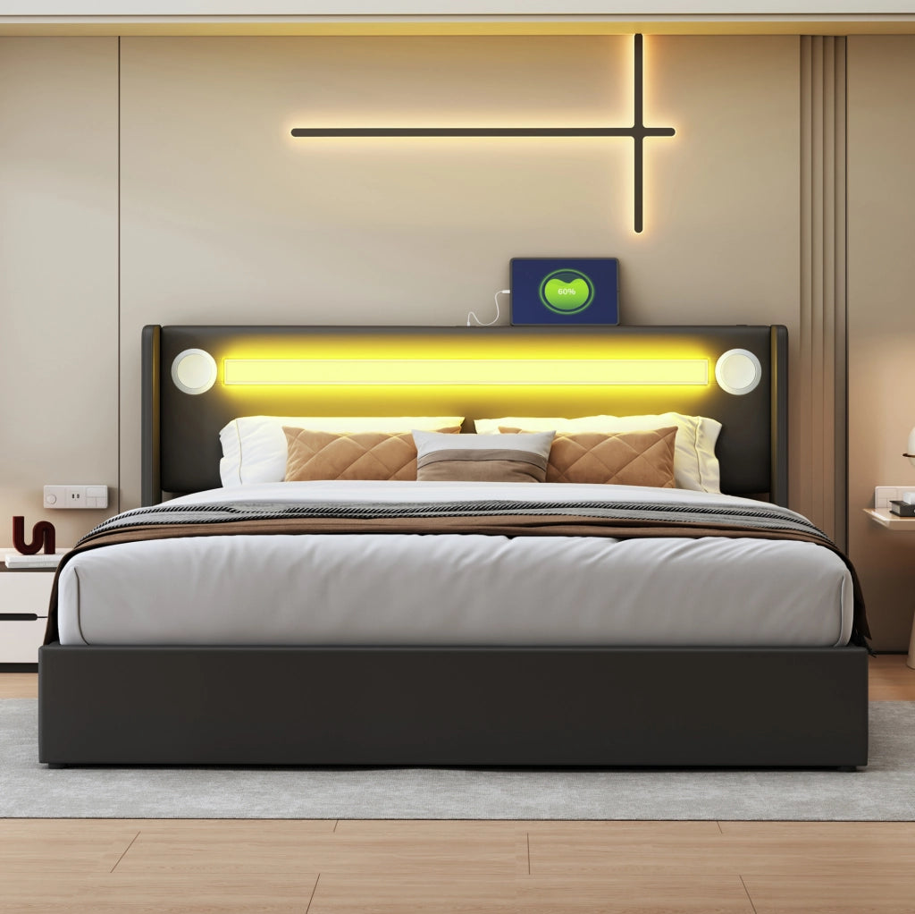 Letto contenitore 160x200 cm con LED; Bluetooth e USB; pelle PU nero (Senza materasso)