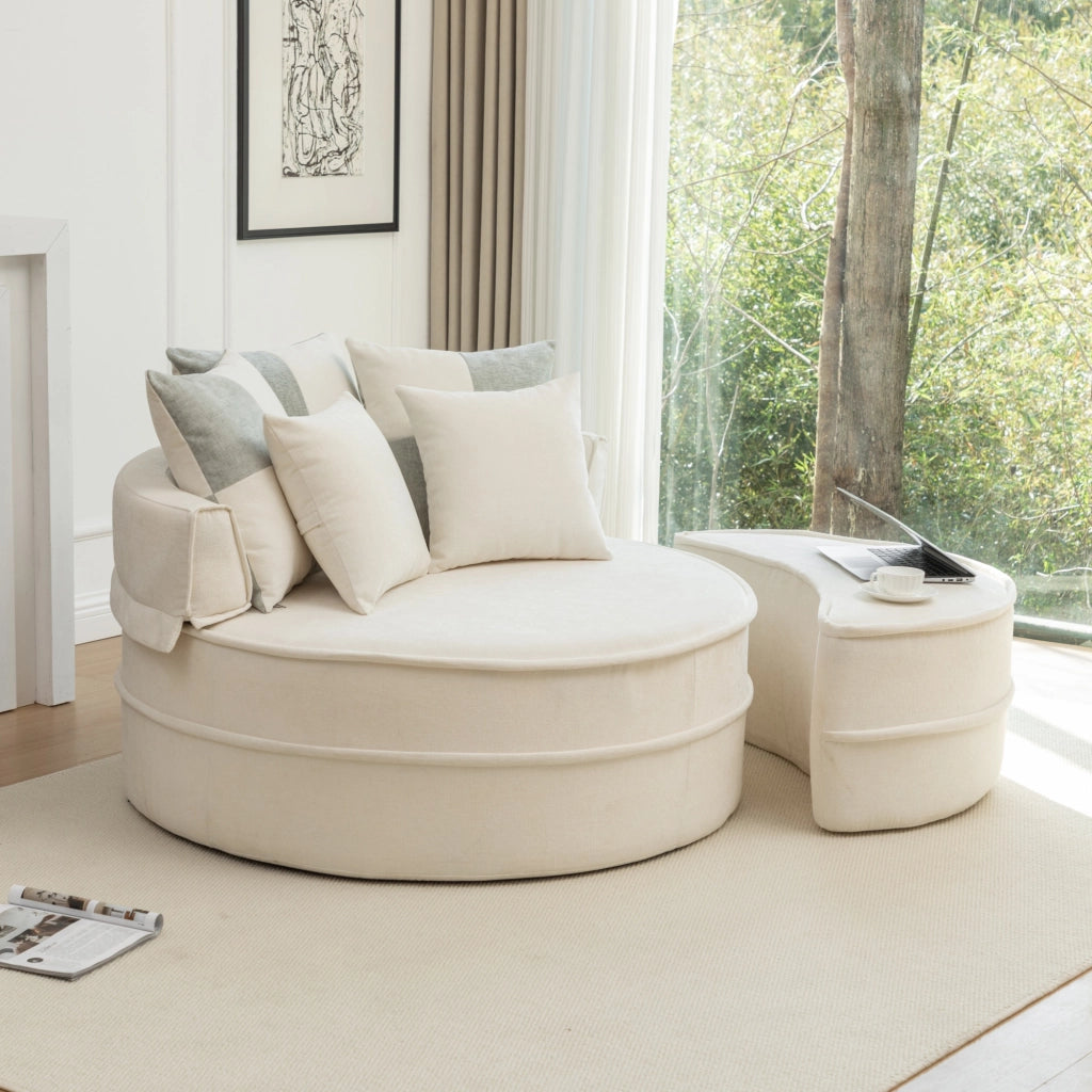 Poltrona con poggiapiedi rotonda con 5 cuscini e seduta profonda sfoderabile in chenille - beige