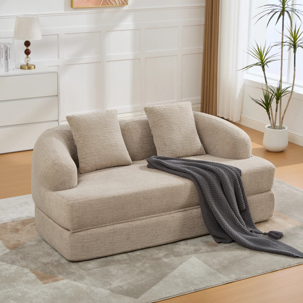 Divano letto a 2 posti - con due cuscini e struttura pieghevole - in chenille khaki