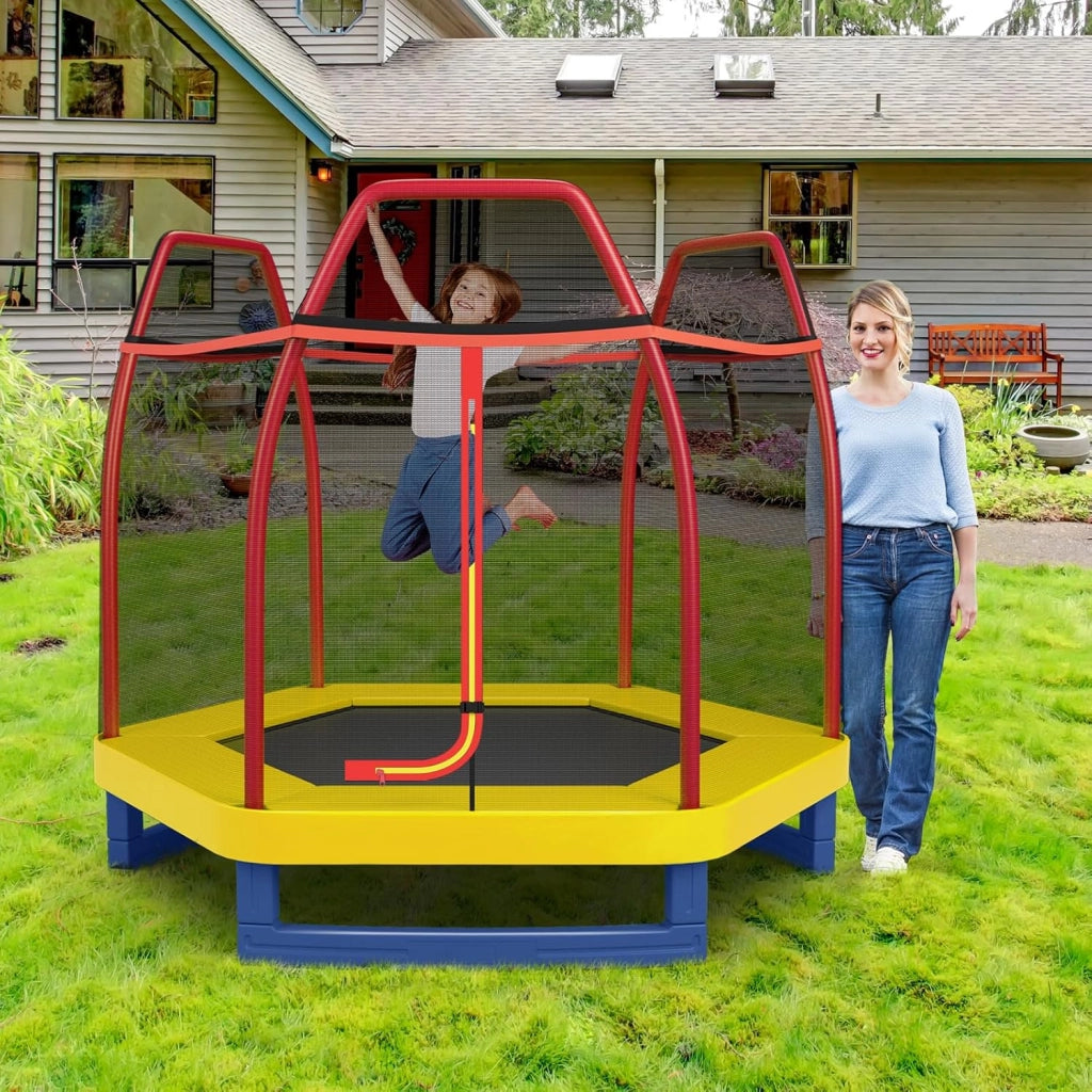 Trampolino Elastico per Bambini 223 cm, Tappeto Elastico per Bambini da Esterno ed Interno con Rete e Cuscinetto a Molle, Portata150 kg, Adatto ai Bambini 3+ Anni