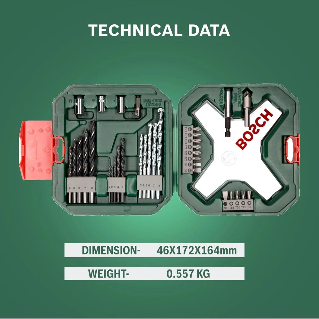 Valigetta X-Line Set 34 Pezzi con Punte per Legno Metallo e Muratura e Bit di Avvitamento con Portabit Magnetico Bosch