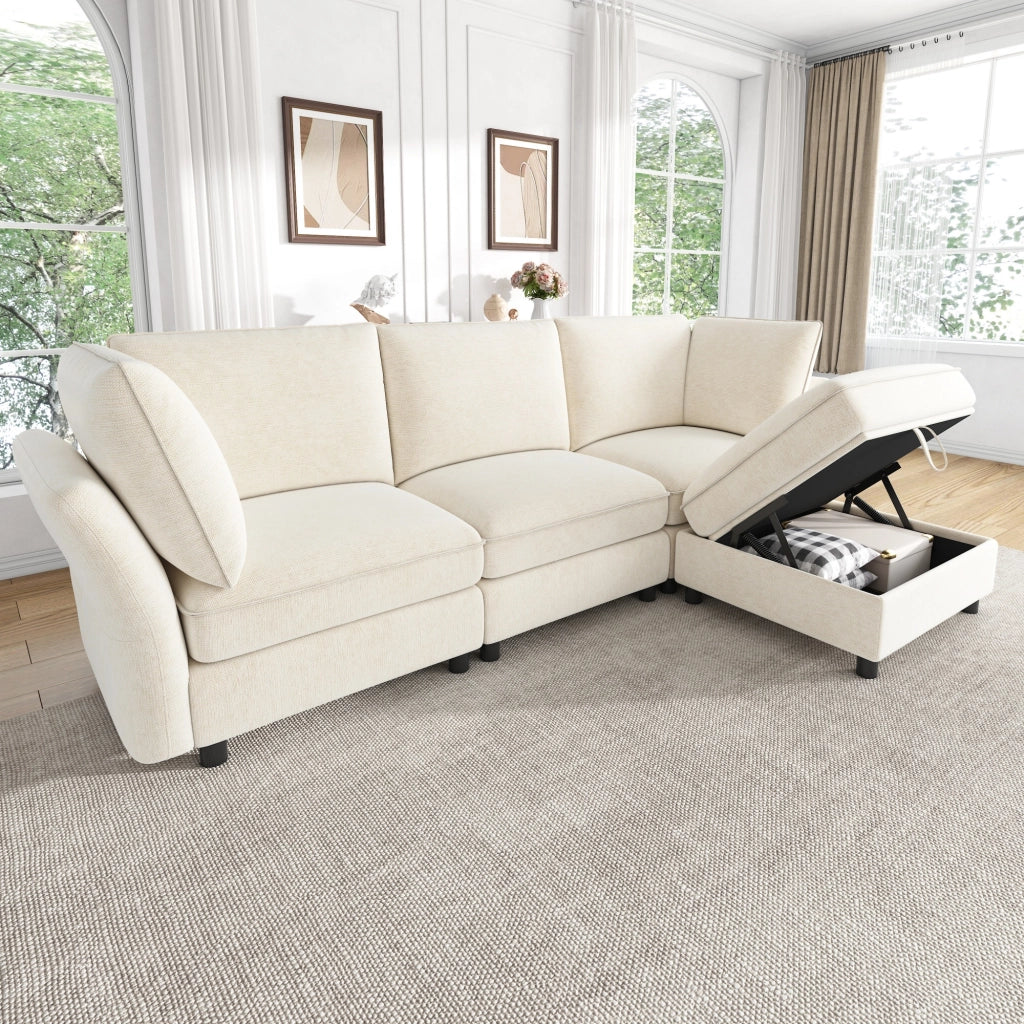 Divano modulare angolare 4 posti - con pouf contenitore e 2 cuscini - in chenille beige