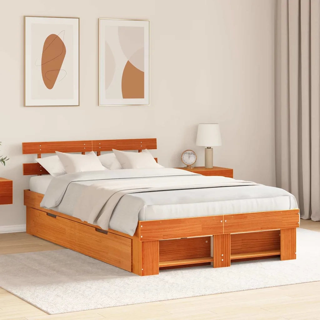 Letto matrimoniale | Letto per adulti | Struttura del letto Marrone cerato 135 x 190 cm Pino massello