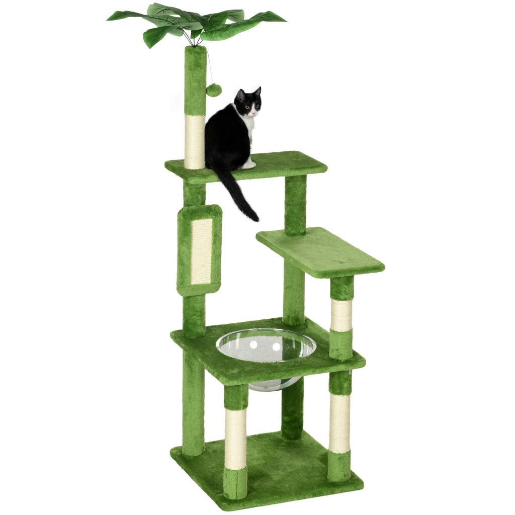 EasyComfort Albero per Gatti Multilivello con Amaca, Tiragraffi, Pallina e Foglie Decorative, 49x49x142 cm, Verde