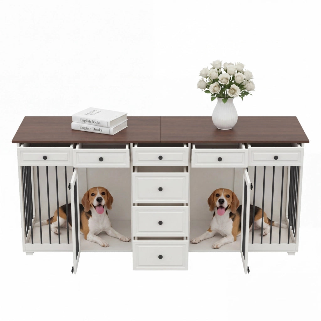 Mobile Gabbia per 2 Cani 200×60×85 cm con 8 Cassetti; Struttura MDF e Metallo; Bianco e Noce