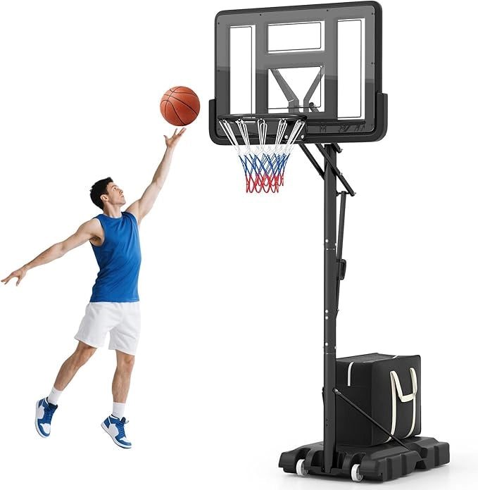 Canestro da Basket da Esterno, Canestro Basket Portatile e Regolabile in Altezza da 1,5 a 3 M con Tabellone in PC da 111 cm, Base Riempibile, Borsa per Pesi e Ruote