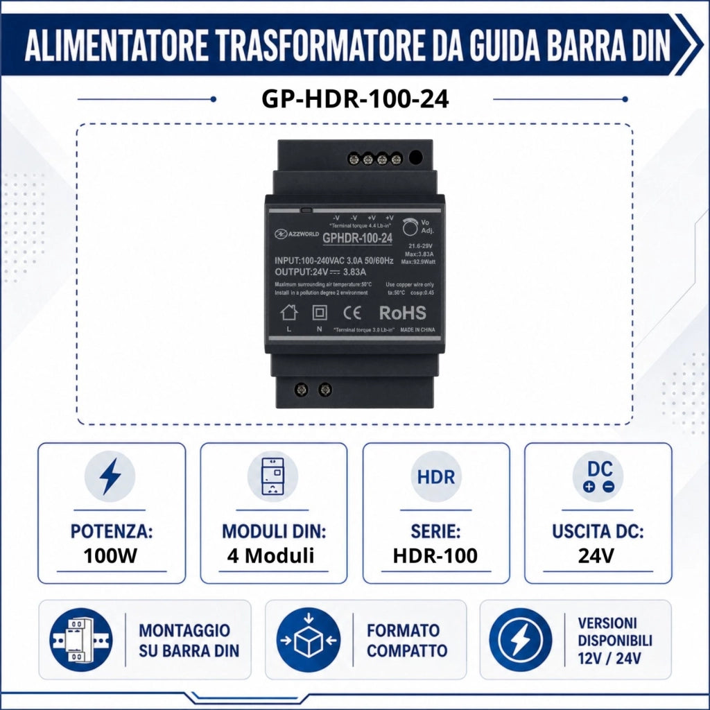 Alimentatore Trasformatore Da Guida Barra DIN 100W, 4 Moduli, Serie HDR-100, Disponibili DC 12V 24V (DC 24V)
