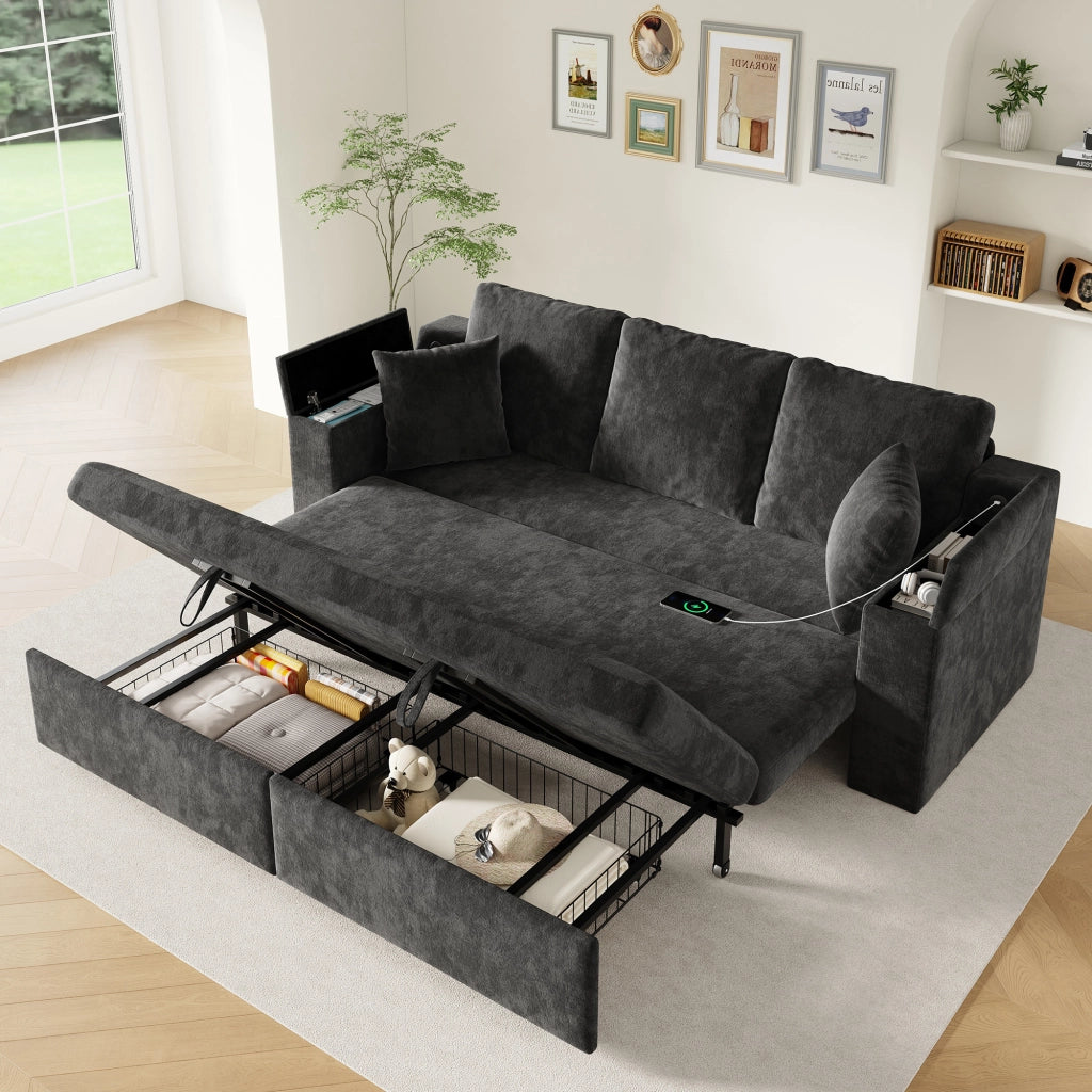 Divano letto 3 posti modulare con contenitore e porte USB e Type-C; in ciniglia grigio