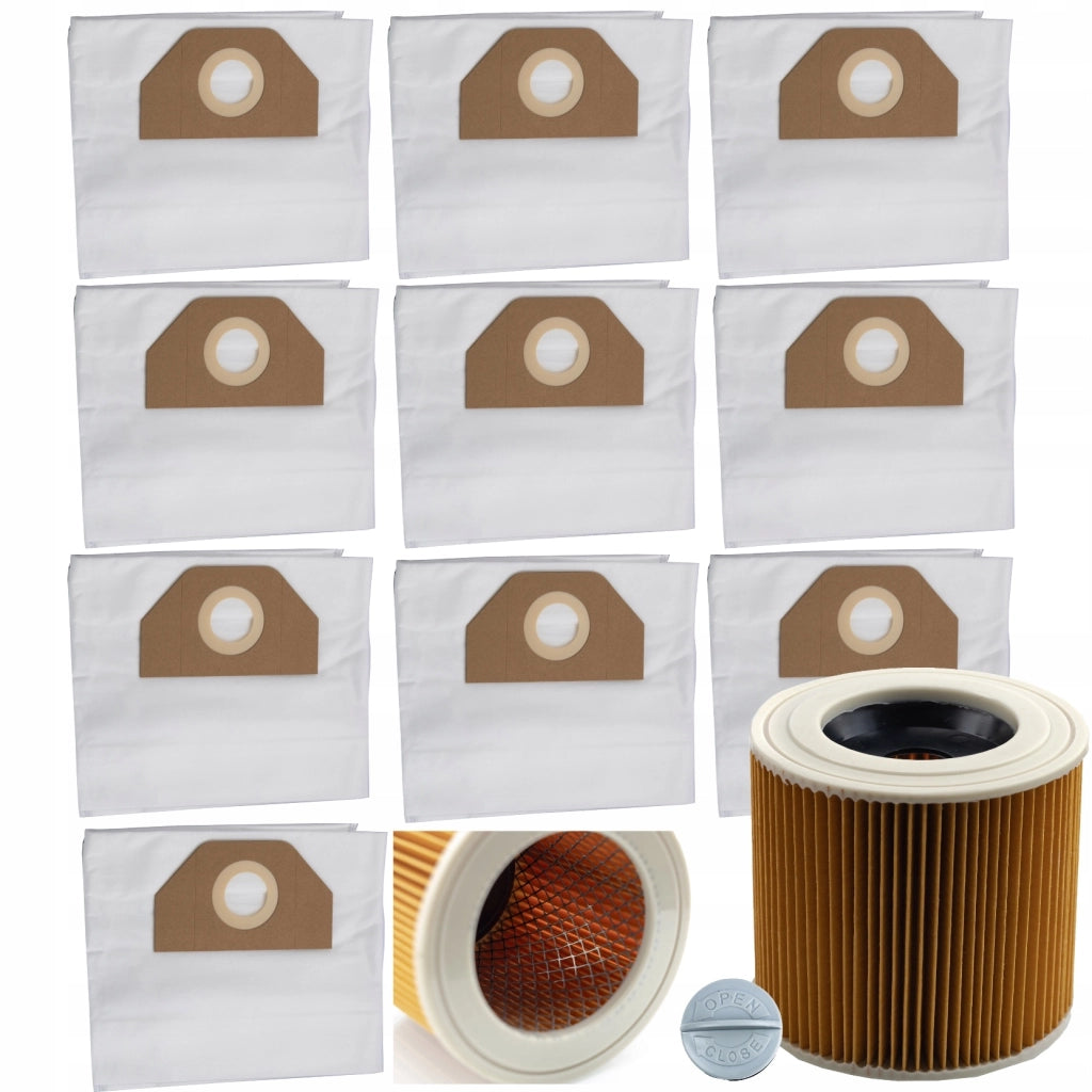 Set di Sacchetti e Filtro per Aspirapolvere compatibile con Kärcher WD2 WD3 – 10 Sacchetti, Filtro Lavabile, Tubo 4m