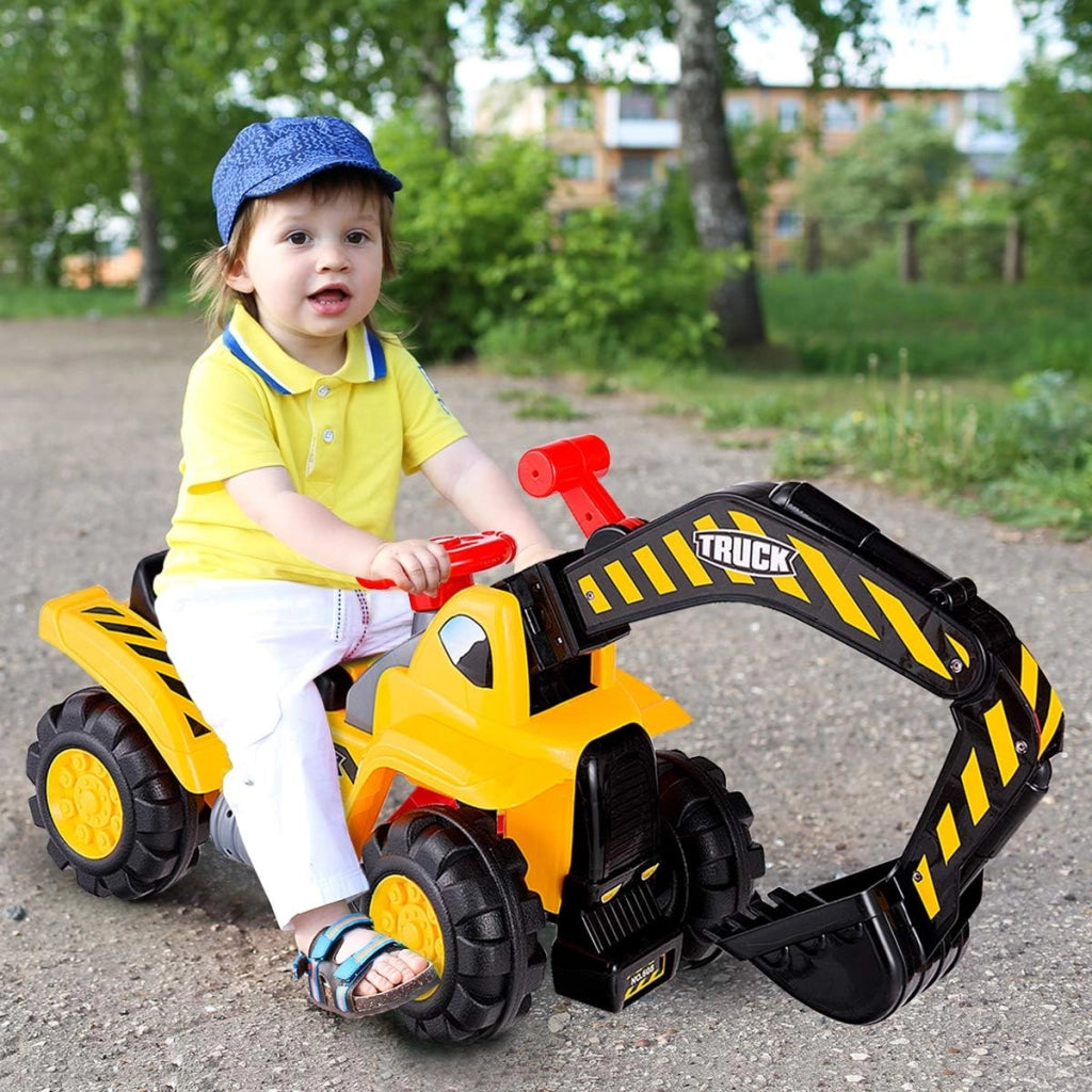 Ruspa Elettrica Multifunzione per Bambini, Escavatore Giocattolo Cavalcabile Elettrica, con Pietra ed Casco, Regalo per Bambini 3 Anni+, 89x45x30 cm