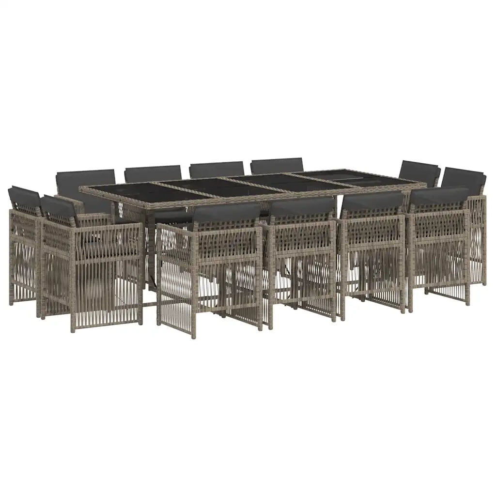 Set da Pranzo da Giardino 13pz con Cuscini Grigio in Polyrattan