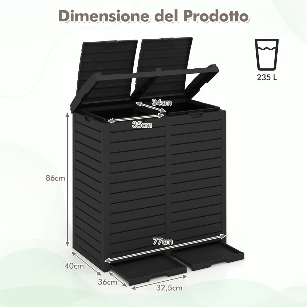 Pattumiera per Rifiuti Esterno e Interno 235 L, Contenitore per Raccolta Differenziata a Doppio Secchio Impermeabile con Coperchio, Vassoio e Maniglia, Bidone per Terrazza e Cucina (Nero)