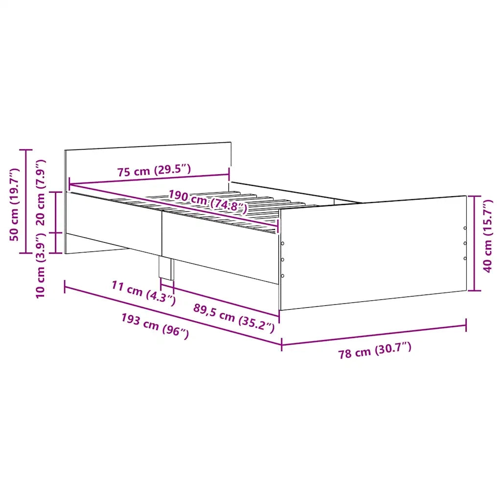 Letto singolo | Letto per adulti | Giroletto senza Materasso Legno Antico 75x190 cm in Truciolato