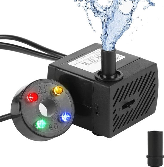 Mini pompa ad acqua con luci LED per giardino e acquari - 350 l/u, 3,5 W, pompa a doppio effetto con getti d'acqua