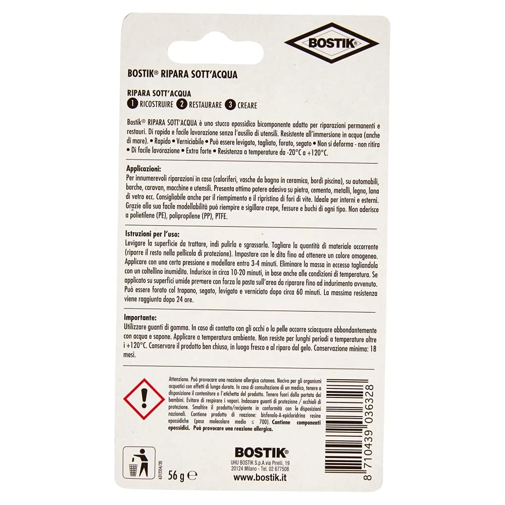 Stucco Epossidico per Riparare Sott'Acqua 56 g Bostik 2 Blister