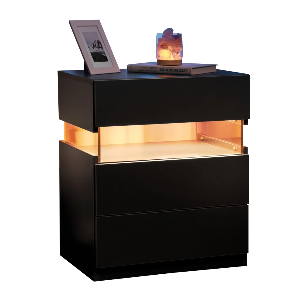 Comodino LED a 3 cassetti con pannello acrilico, colore nero