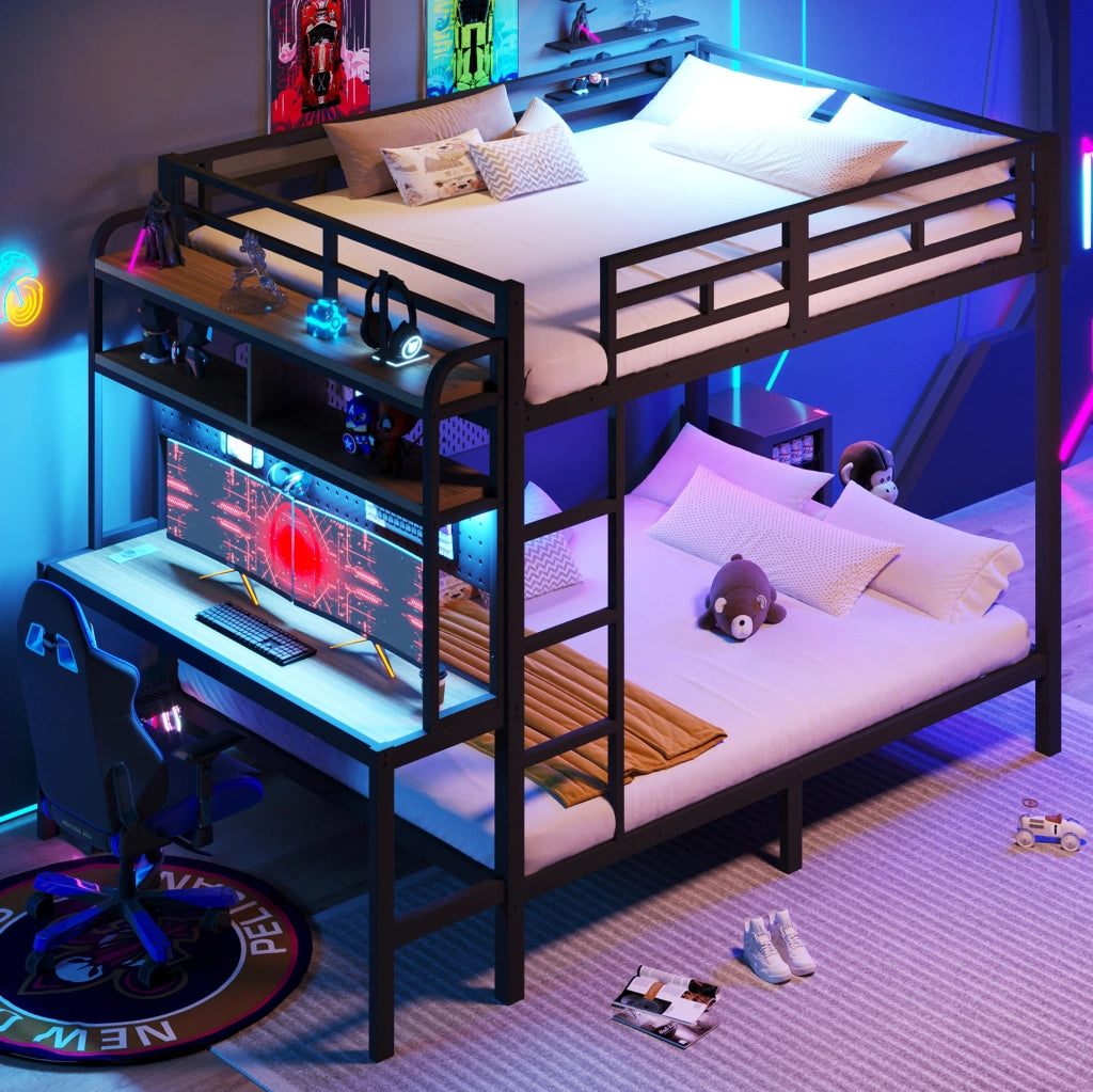 Letto a castello 140x200 cm con scrivania; LED e USB in metallo e MDF