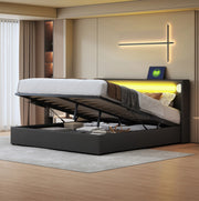 Letto contenitore 160x200 cm con LED; Bluetooth e USB; pelle PU nero (Senza materasso)