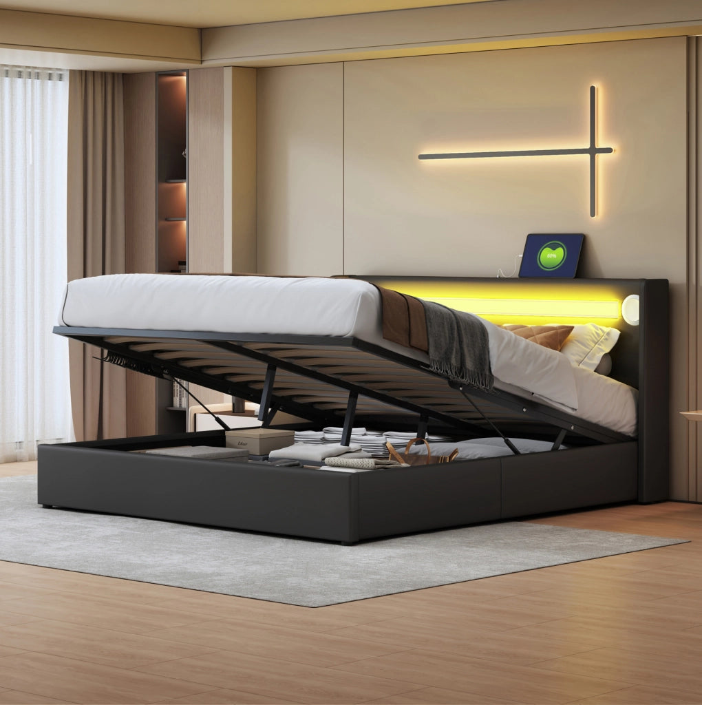 Letto contenitore 160x200 cm con LED; Bluetooth e USB; pelle PU nero (Senza materasso)