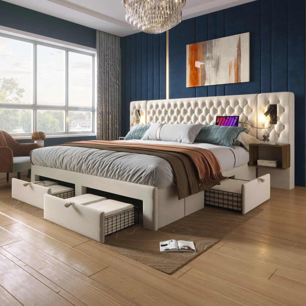 Letto matrimoniale imbottito 180x200 cm con comodini, cassetti e luci LED