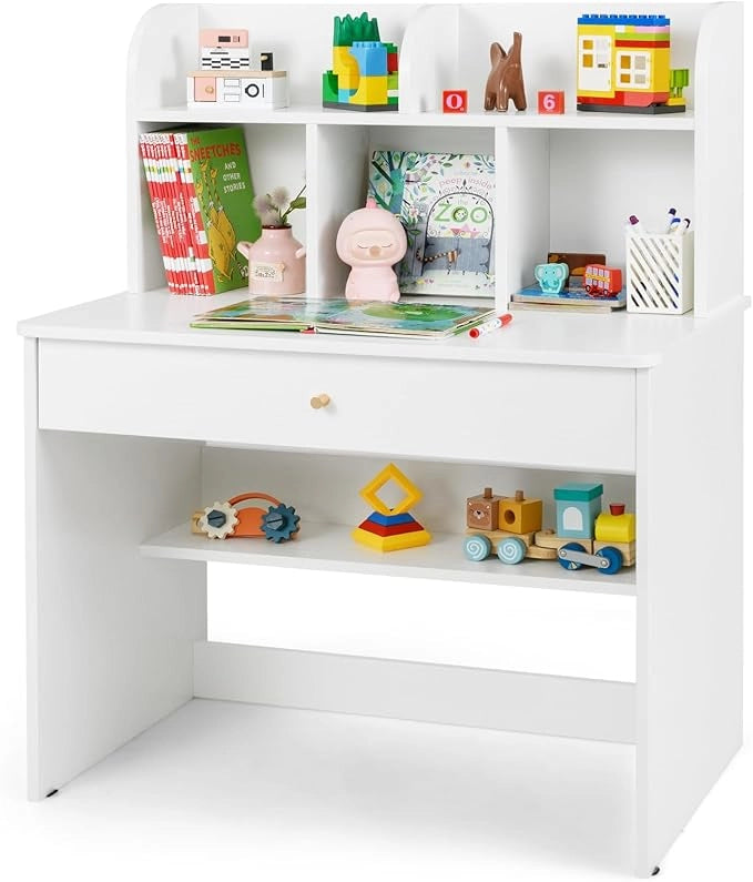 Scrivania in Legno 80 x 48 x 102 cm per Bambini 3+ Anni, Scrivania Cameretta Bambina con 5 Mensole, 1 Cassetto, Spazio di Lavoro e Angoli Arrotondati, Ideale per Studio e Disegno (Bianco)