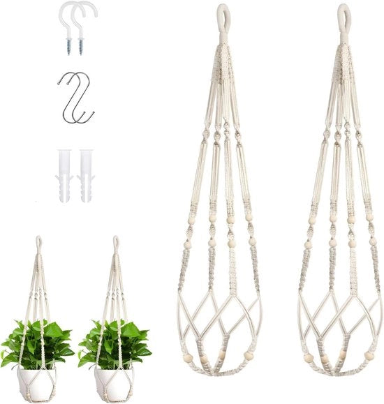 Porta Piante a Maglia in Macramè da 35 Pollici con Ganci in Legno per Interno ed Esterno - Bianco 2-Pack (Vasi e Piante non Inclusi)