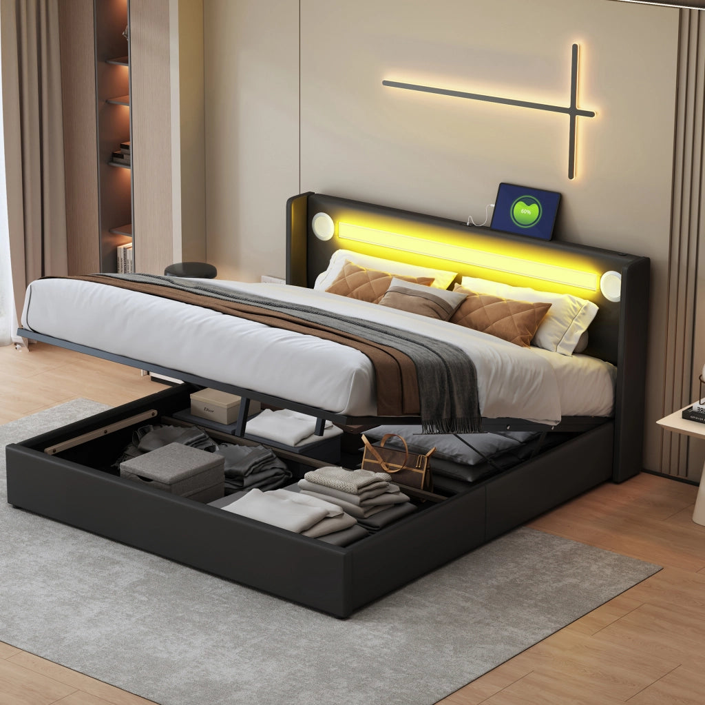 Letto contenitore 160x200 cm con LED; Bluetooth e USB; pelle PU nero (Senza materasso)