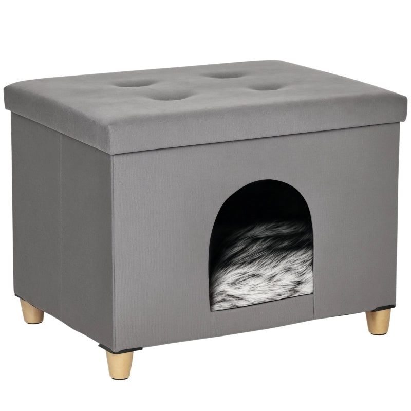 Poggiapiedi 2 in 1 per gatti a forma di grotta con cuscino, gambe in legno, cuccia, cestino per gatti, poggiapiedi imbottito, design elegante,
